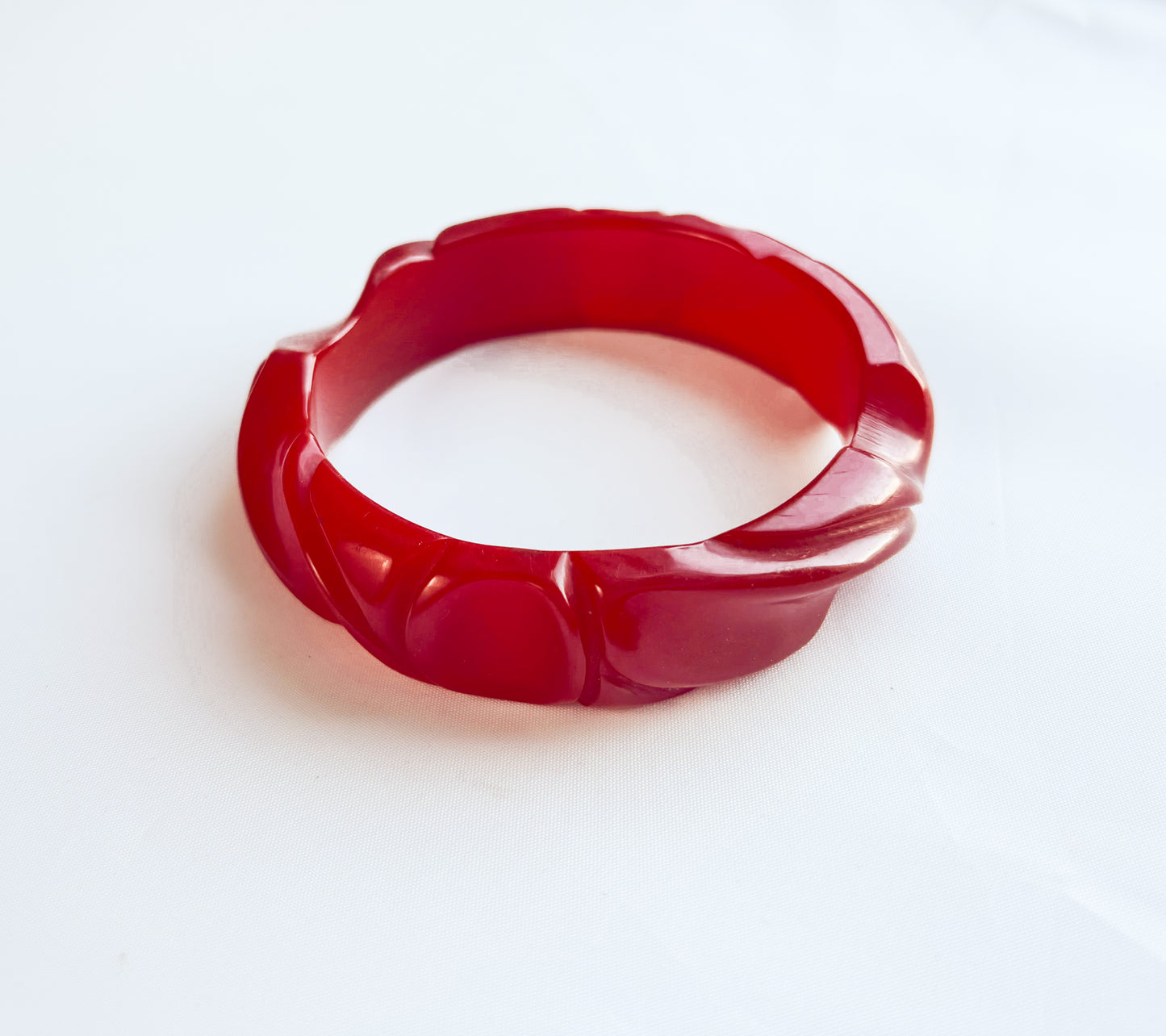 1930s Carved Dark Red Bakelite Bangle | Vintage Red Swirl Plastic Bracelet