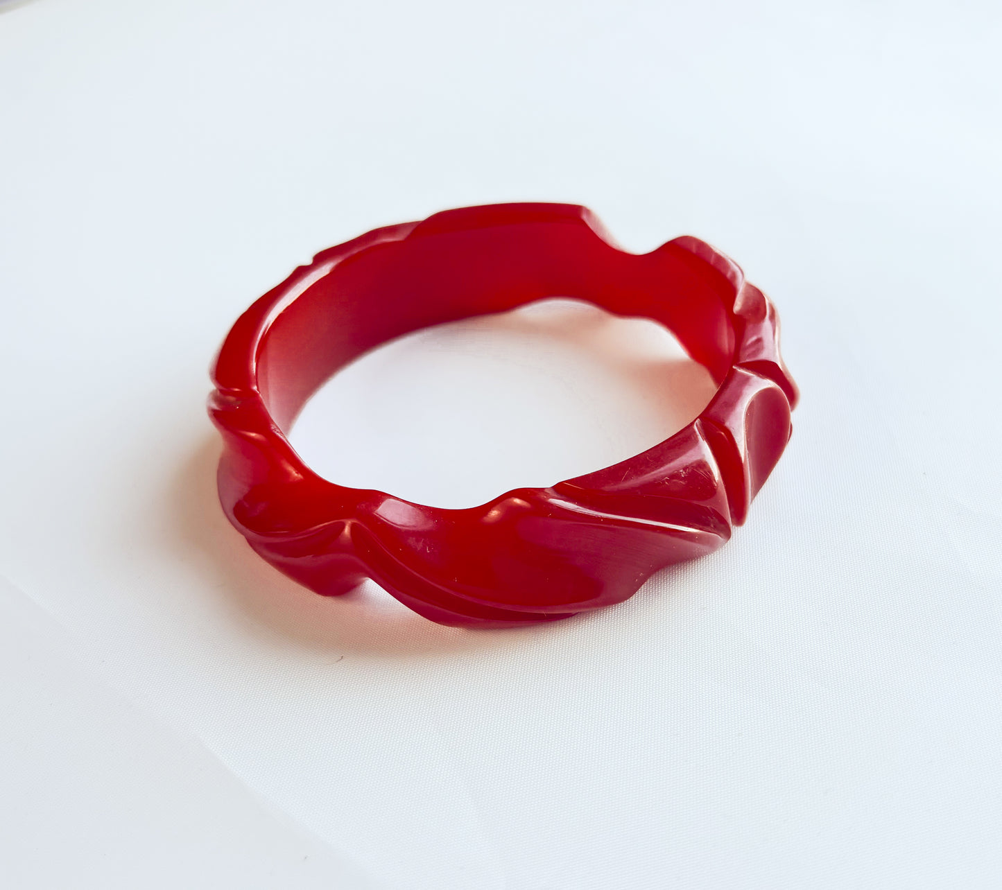 1930s Carved Dark Red Bakelite Bangle | Vintage Red Swirl Plastic Bracelet