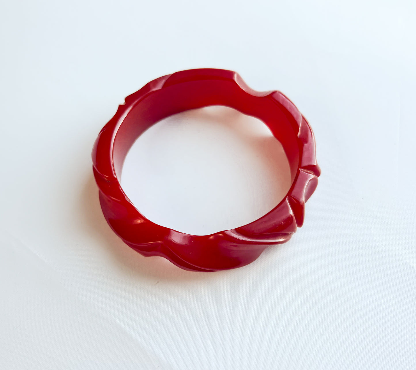 1930s Carved Dark Red Bakelite Bangle | Vintage Red Swirl Plastic Bracelet