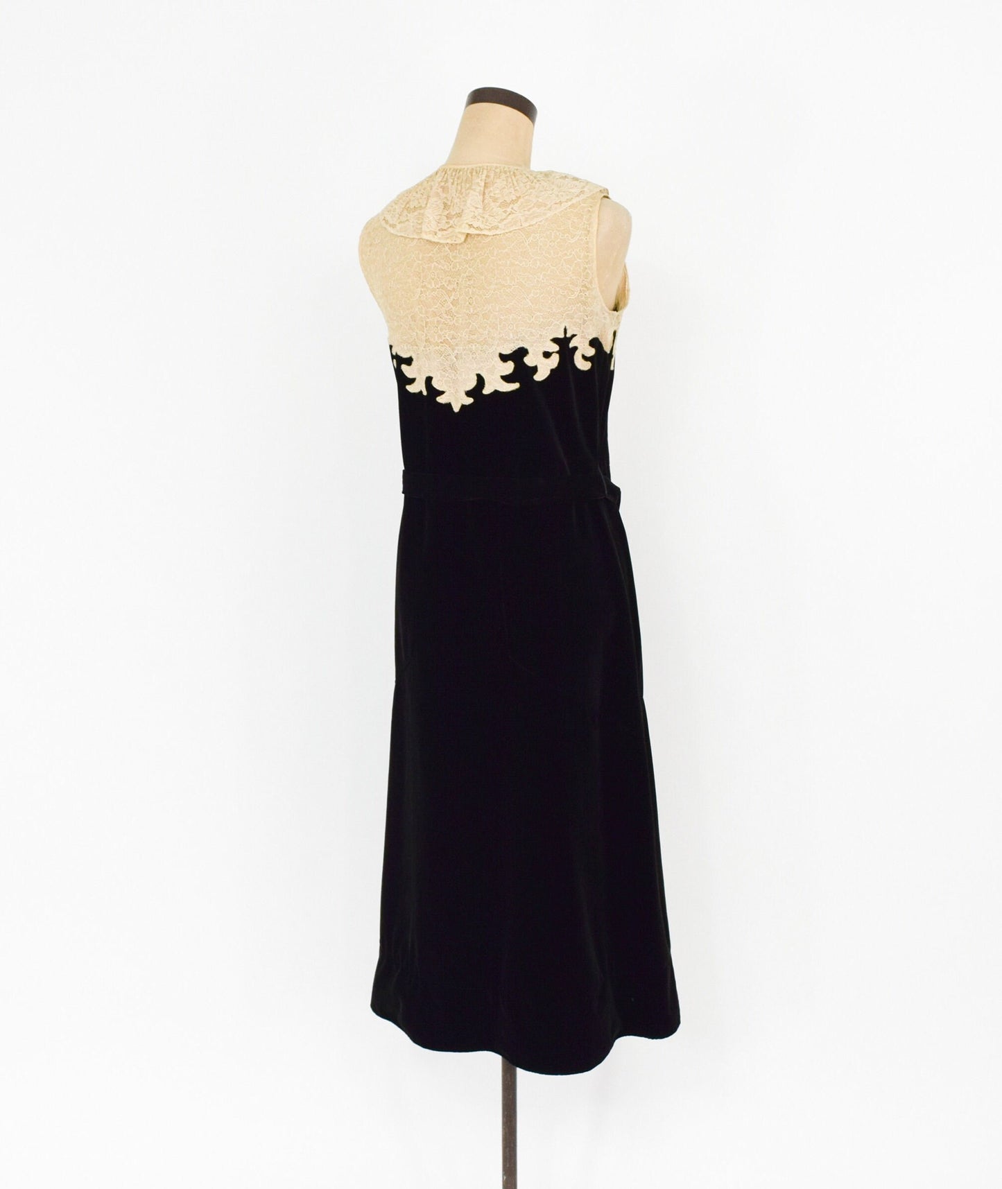 1920s Black Velvet Dress with Lace Bodice, Medium
