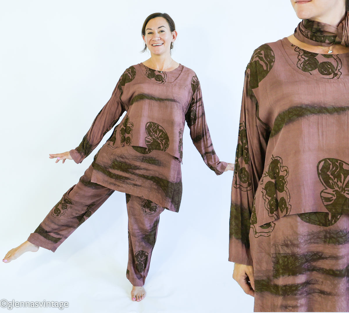 1980s Brown Print Slacks Blouse & Scarf Set | Vintage Brown Rayon Pants Set | Anthony Mark Hankins | Large