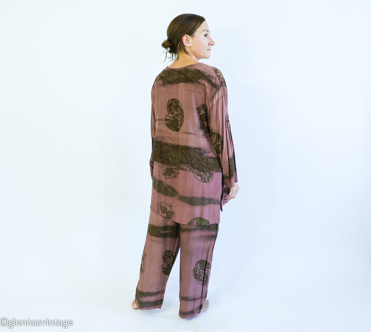 1980s Brown Print Slacks Blouse & Scarf Set | Vintage Brown Rayon Pants Set | Anthony Mark Hankins | Large