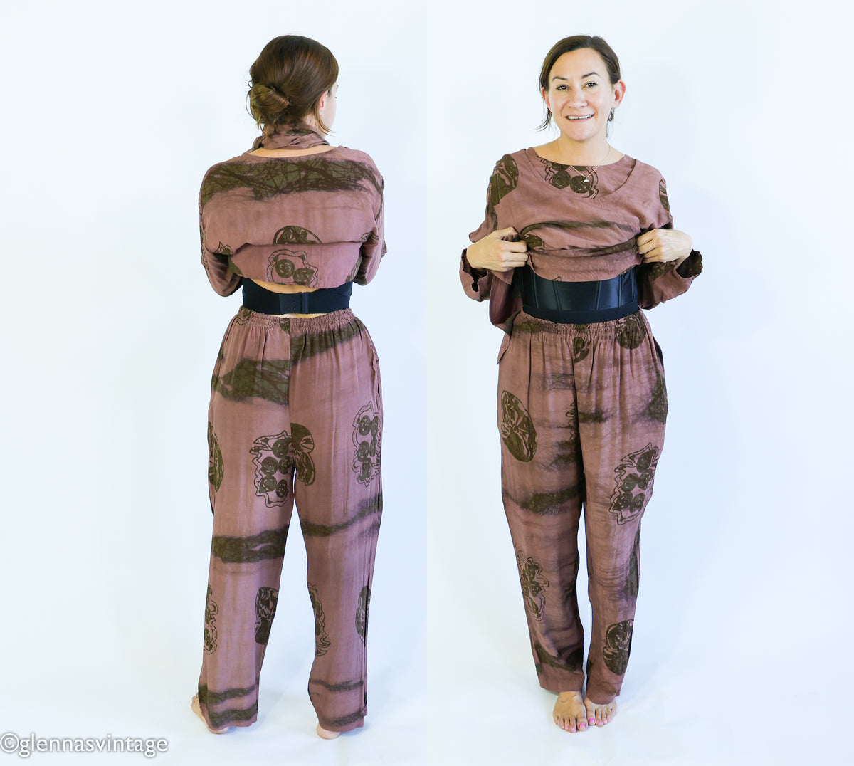 1980s Brown Print Slacks Blouse & Scarf Set | Vintage Brown Rayon Pants Set | Anthony Mark Hankins | Large