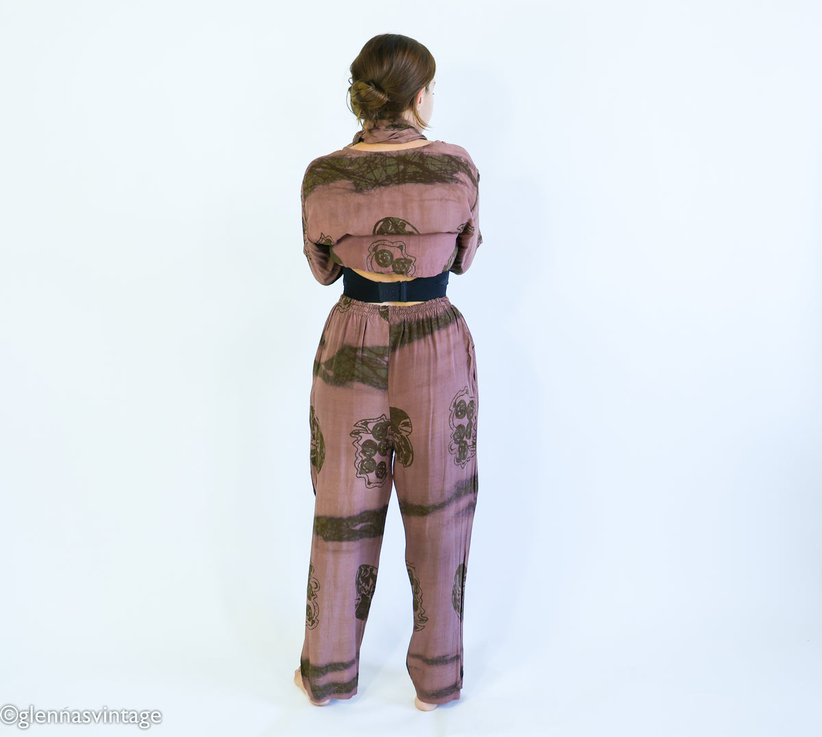 1980s Brown Print Slacks Blouse & Scarf Set | Vintage Brown Rayon Pants Set | Anthony Mark Hankins | Large