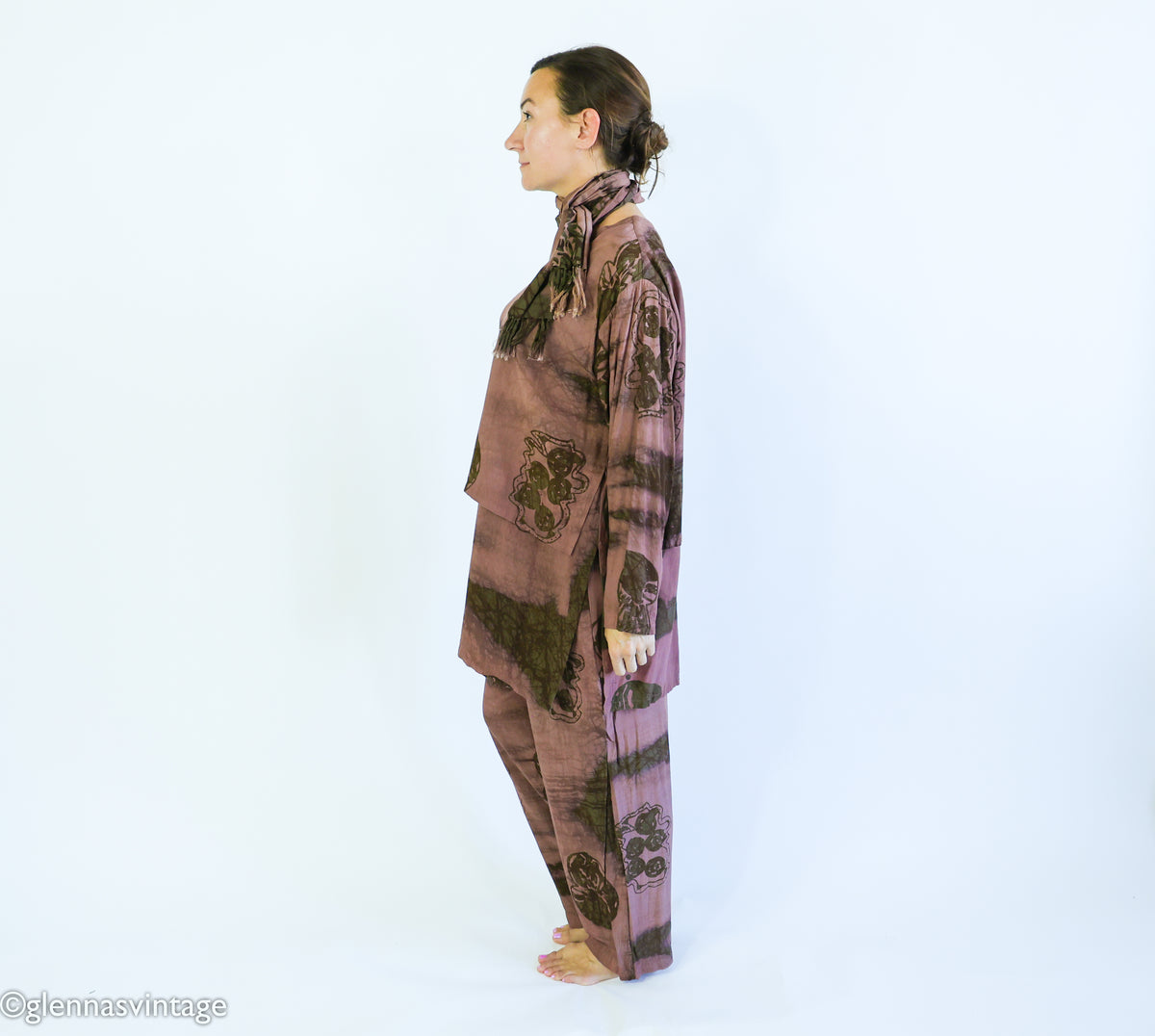 1980s Brown Print Slacks Blouse & Scarf Set | Vintage Brown Rayon Pants Set | Anthony Mark Hankins | Large