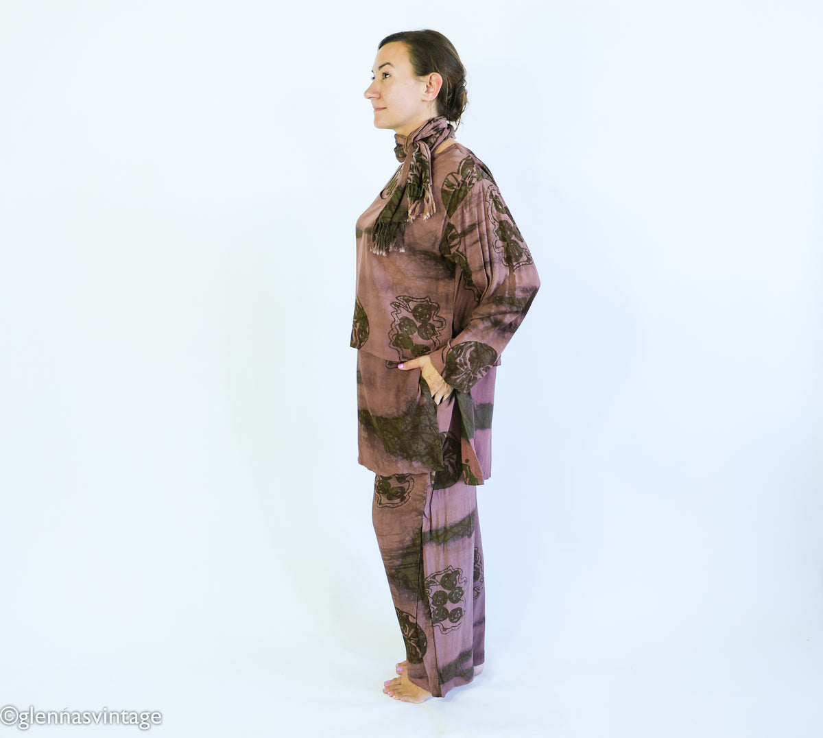1980s Brown Print Slacks Blouse & Scarf Set | Vintage Brown Rayon Pants Set | Anthony Mark Hankins | Large