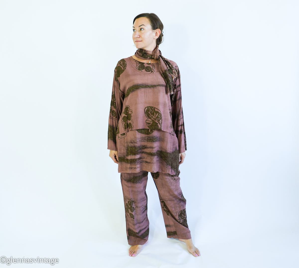 1980s Brown Print Slacks Blouse & Scarf Set | Vintage Brown Rayon Pants Set | Anthony Mark Hankins | Large