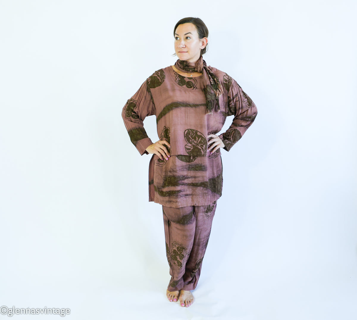 1980s Brown Print Slacks Blouse & Scarf Set | Vintage Brown Rayon Pants Set | Anthony Mark Hankins | Large