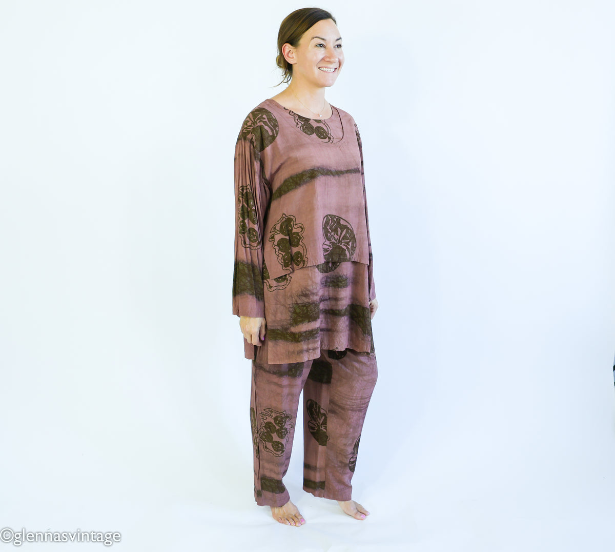 1980s Brown Print Slacks Blouse & Scarf Set | Vintage Brown Rayon Pants Set | Anthony Mark Hankins | Large