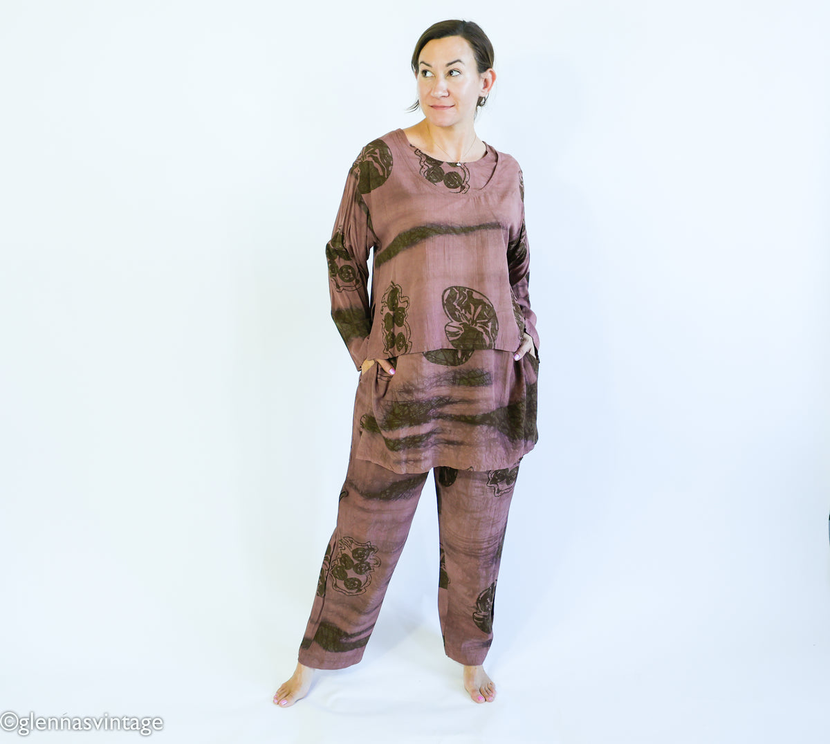 1980s Brown Print Slacks Blouse & Scarf Set | Vintage Brown Rayon Pants Set | Anthony Mark Hankins | Large
