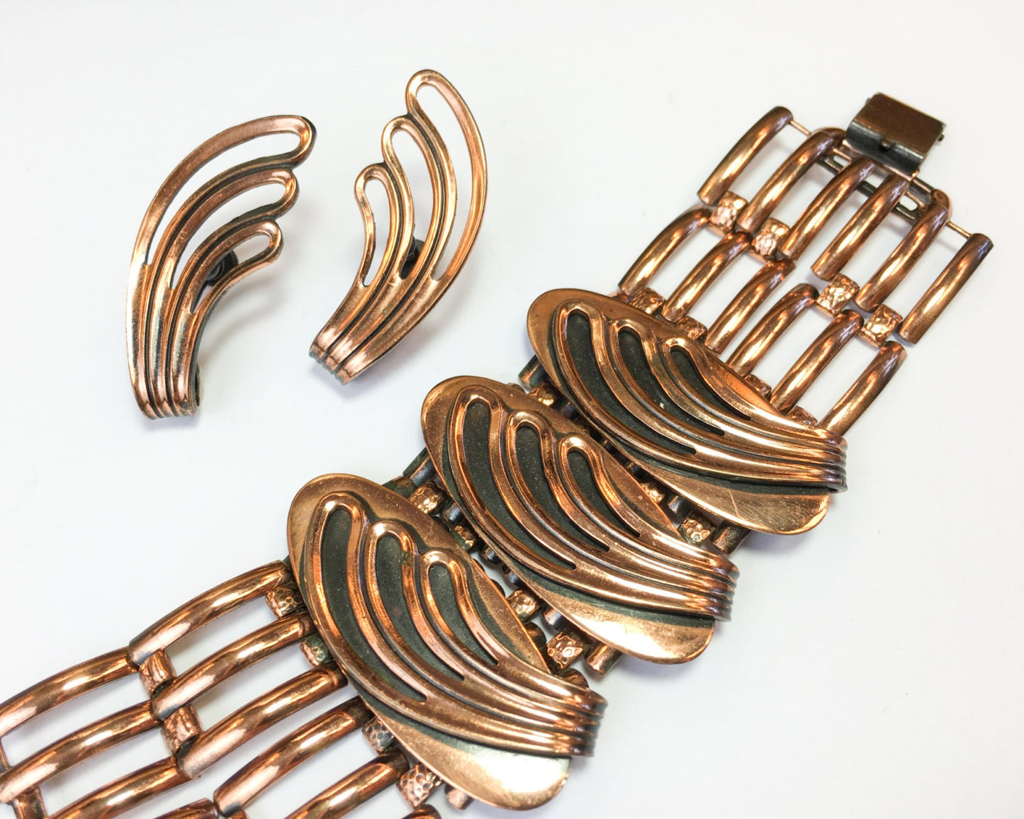 1950s Copper Bracelet &  Earring Set | 50s Modernist Copper Link Swirls Bracelet Set