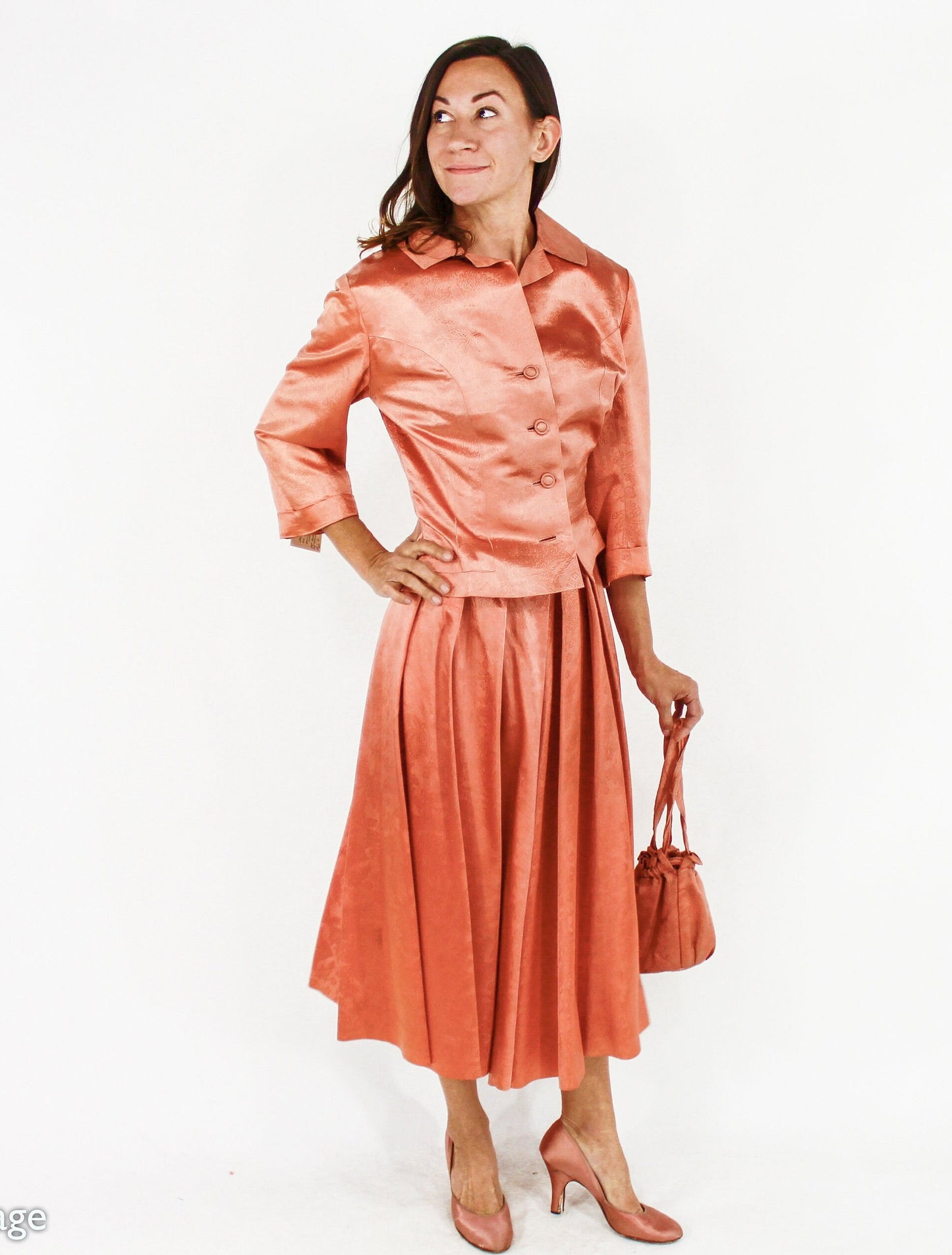 1940s Peach Satin Suit Set | 40s Orange Satin Wedding Skirt Suit Set | Medium