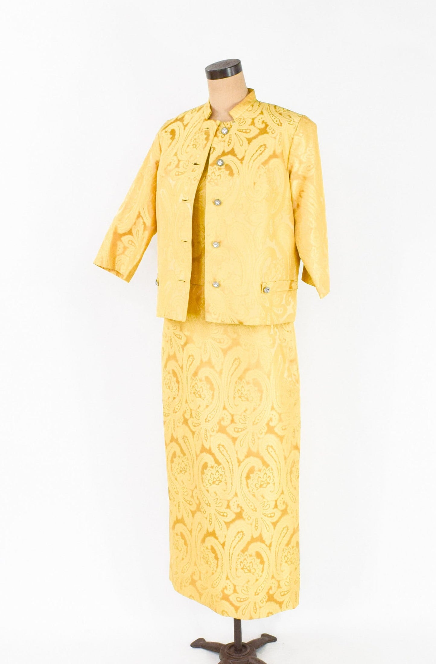 1960s Yellow Gold Brocade 4 Piece Skirt Suit, Medium