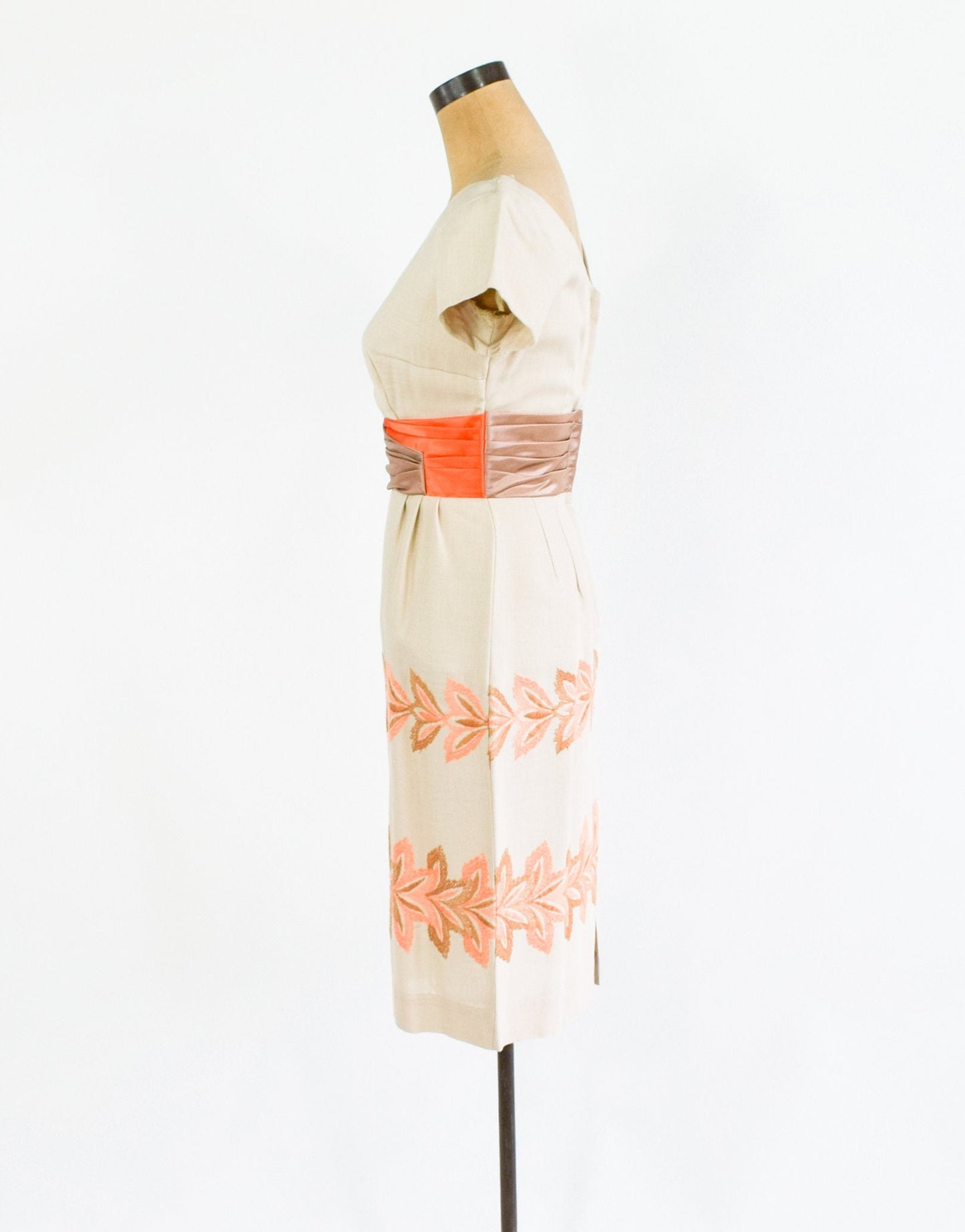 1950s Beige Floral Embroidered Dress | Taupe Sheath Dress, Small