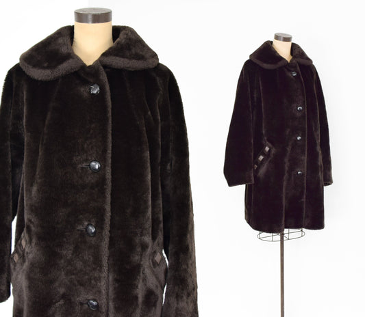 1960s Mod Dark Brown Faux Fur Coat, XXL 50" Bust