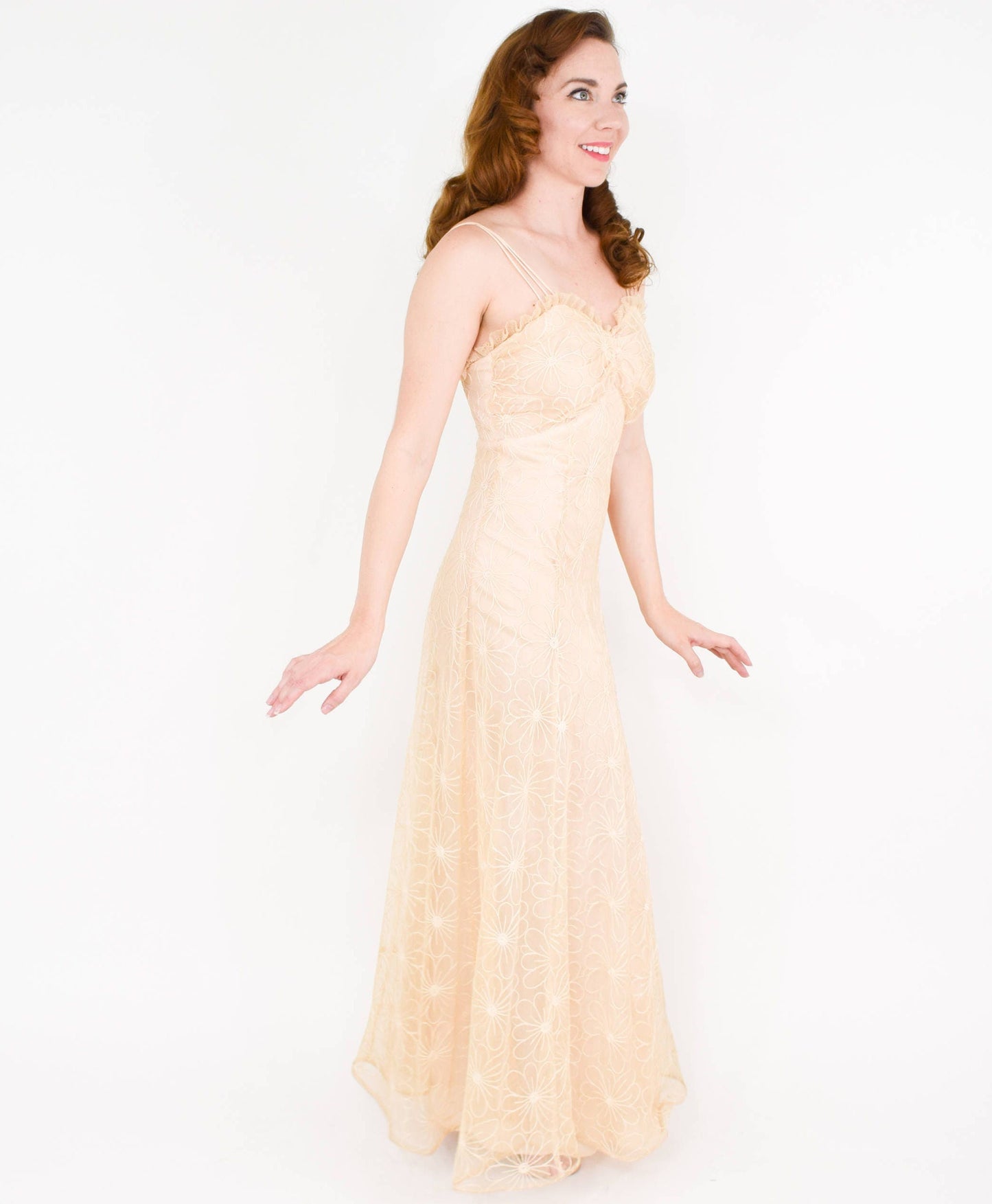 1930s Beige Tambour Lace Evening Dress & Bolero, Old Hollywood Style Wedding, Small