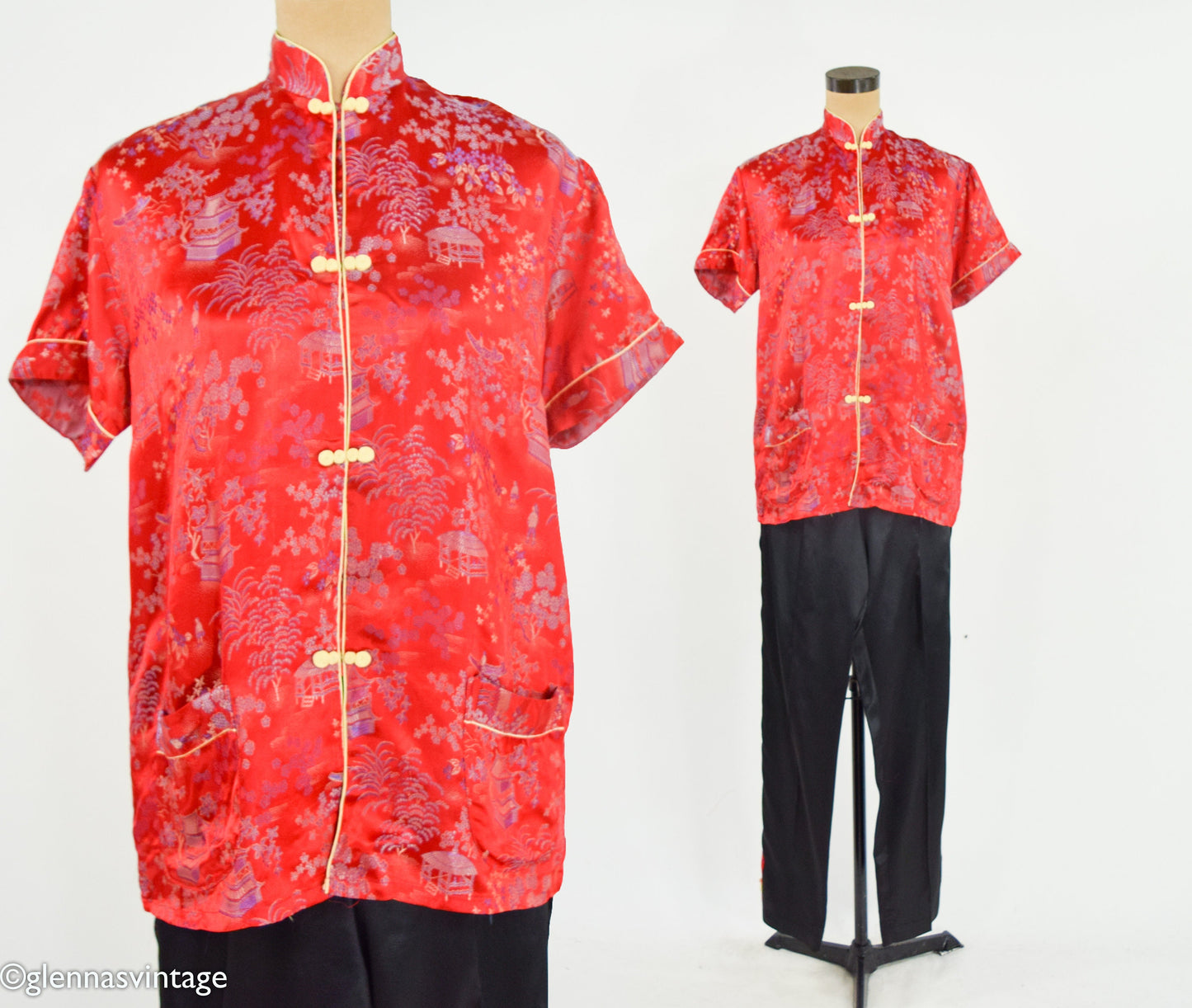 1950s Red Asian Design Pajama Set, Top & Pants Set, Large
