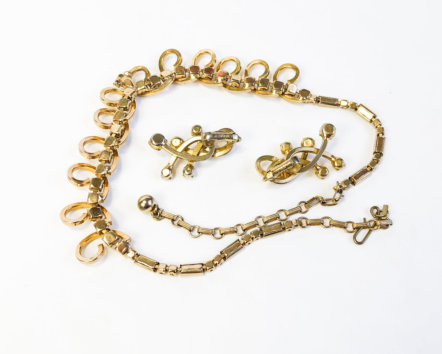 Vintage Gold Tone Rhinestone Necklace and Earrings Set, 1950s Jewelry