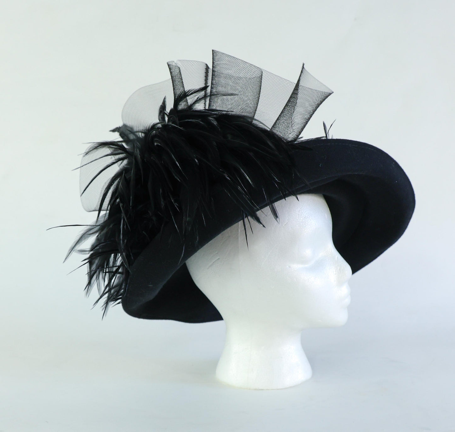 1980s Black Wide Brim Feather Hat