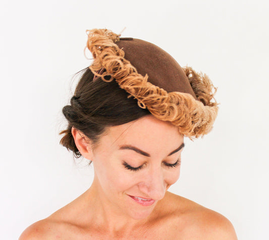 1950s Brown Wool Velour Saucer Hat | Vintage Feather Trim