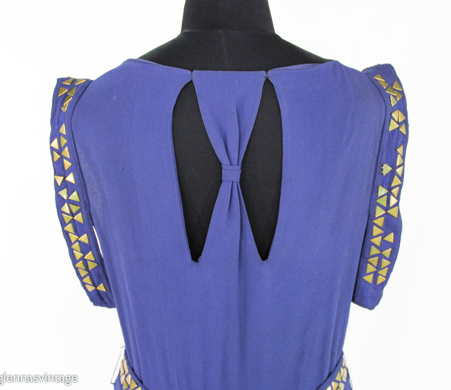 1930s Violet Purple Crepe Evening Dress, Grecian Style Brass Studded Gown, Medium
