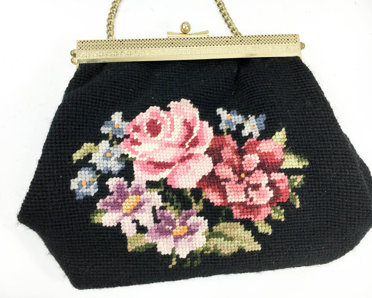 1950s Black Needlepoint Purse | 50s Black Floral Needlepoint Handbag | Pink Rose Needlepoint Bag