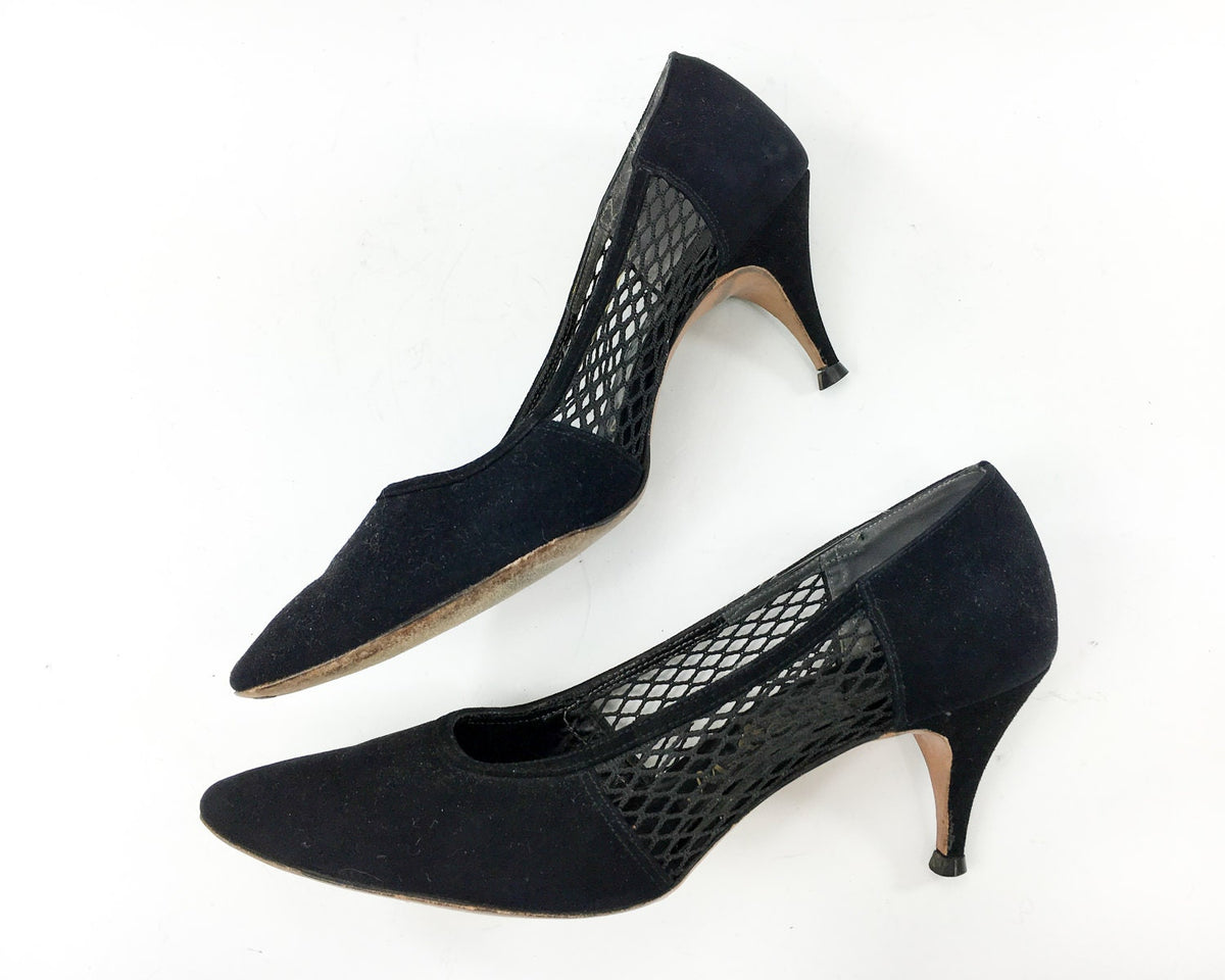 1960s Mr Easton Black Suede Heels Lattice Leather Pumps US 8.5