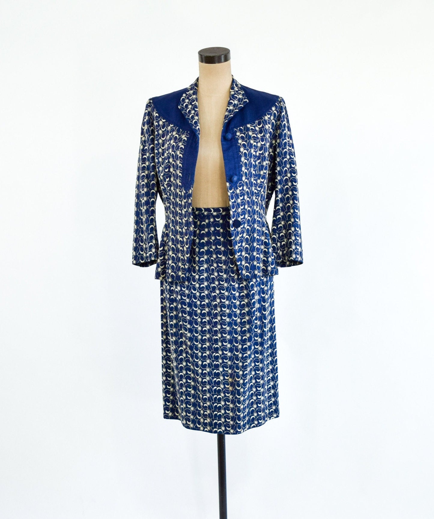 1940s Navy Blue Linen Skirt Suit Set, Medium