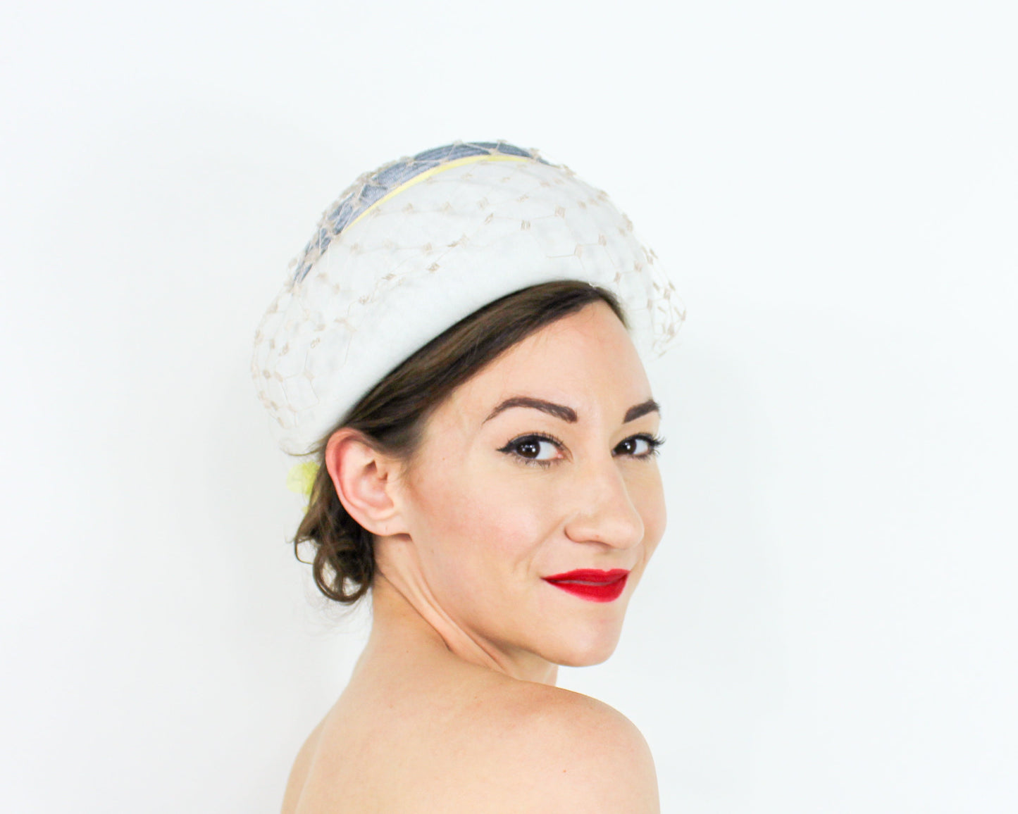 1960s White Yellow & Gray Pillbox Hat, Coralie Hat
