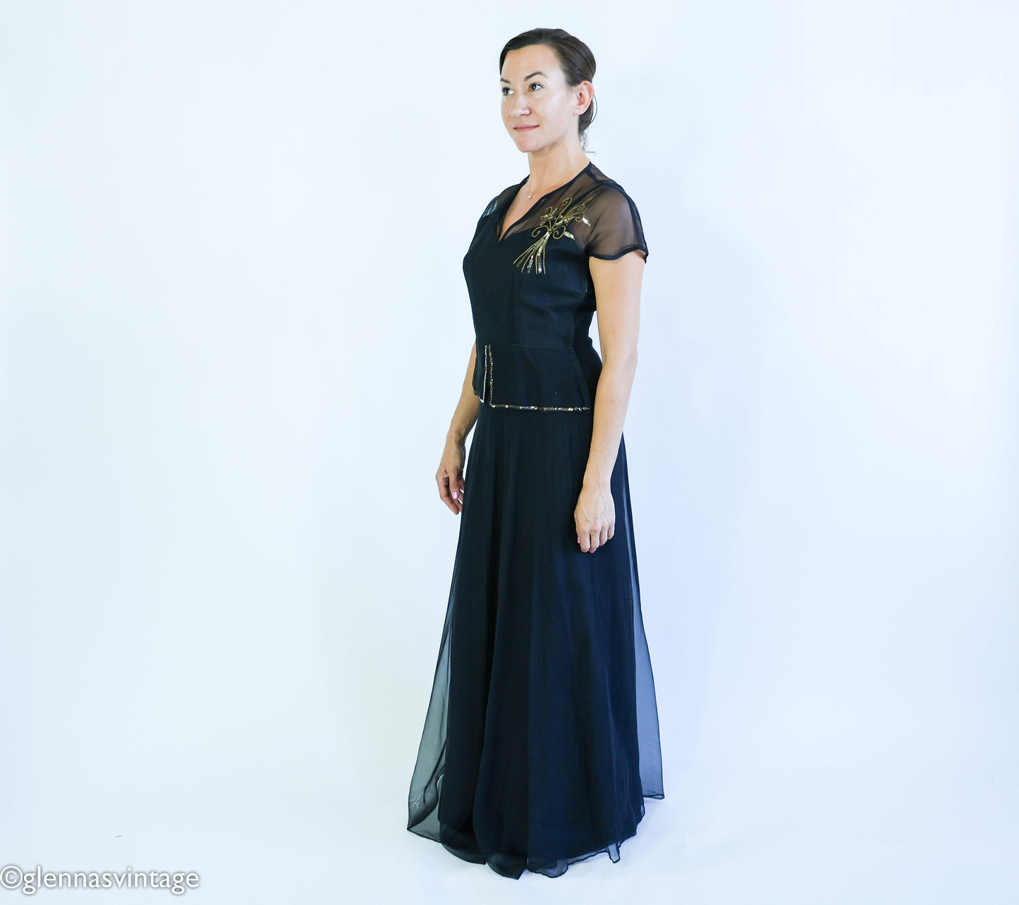 1940s Black Crepe Evening  Dress | 40s Black Sheer Sequin Formal Dress l Medium