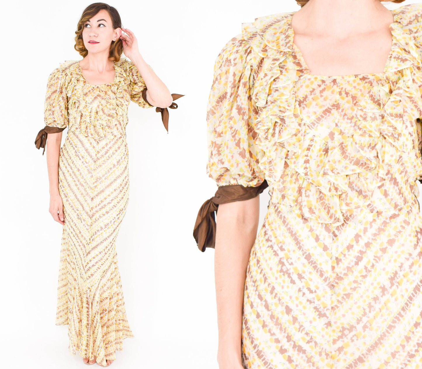 1930s Yellow Floral Print Organza Dress with Ruffle Trim, Small