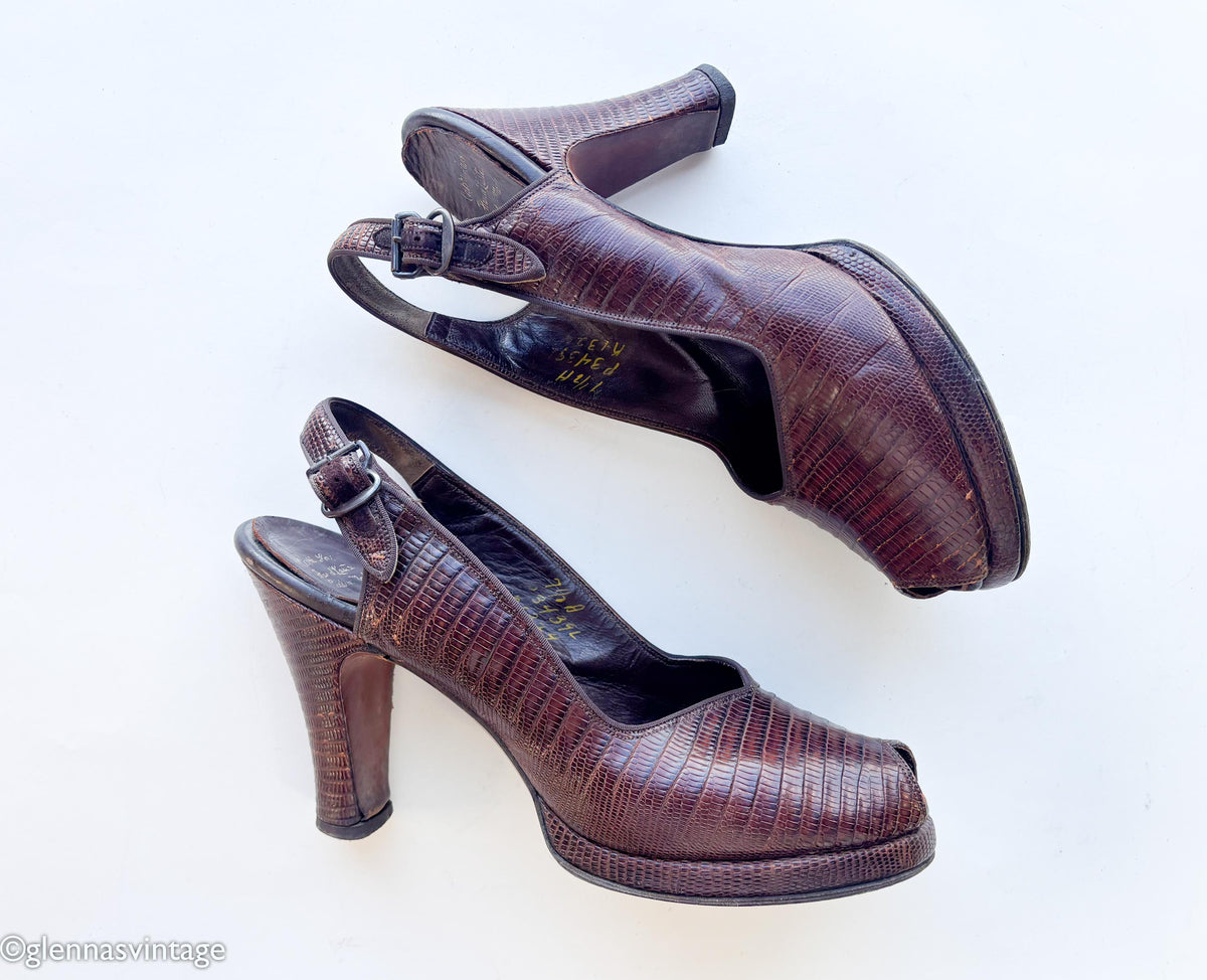 1940s Brown Lizard Platform Slingback Heels, 7.5 A, 38
