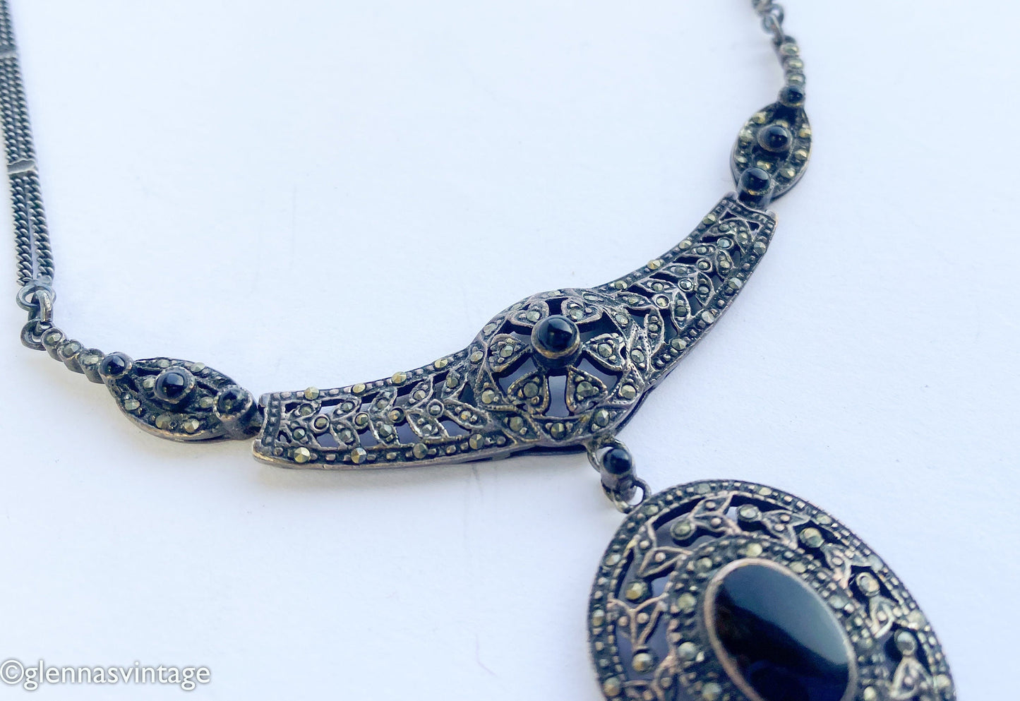 1940s Marcasite & Silver Pendant Necklace | 40 Silver Marcasite Necklace