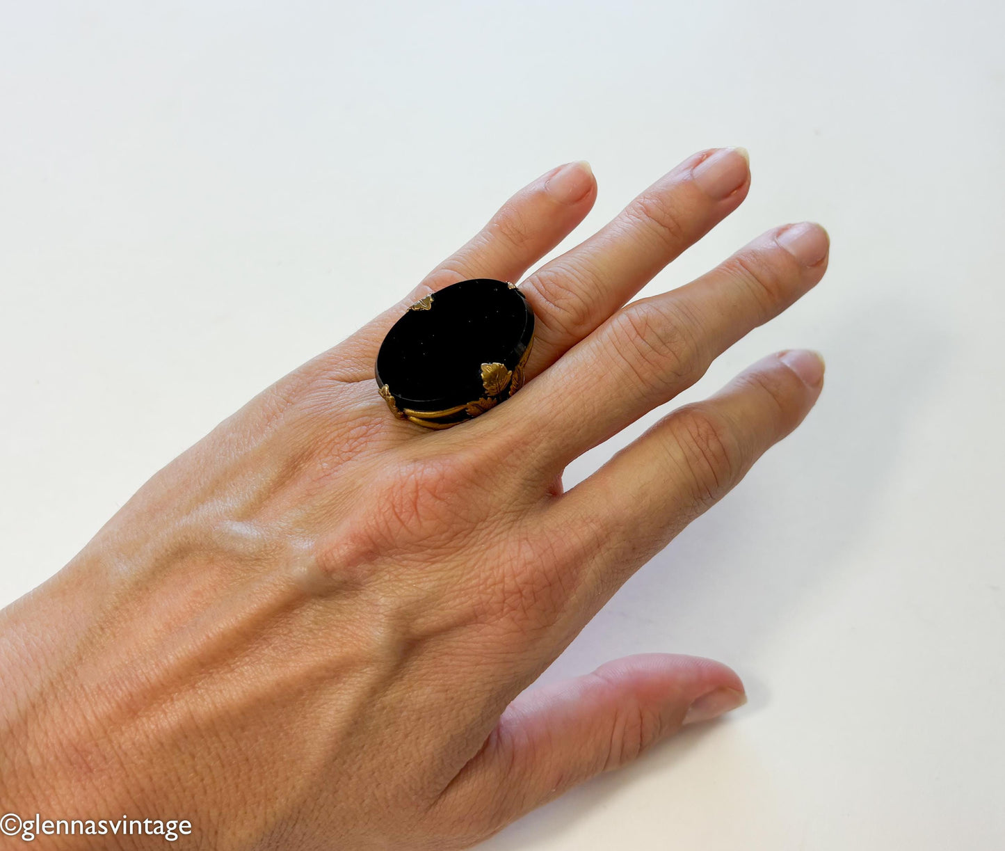 1920s Art Deco Black Glass Ring | Gilt Brass Leaves, Size 5.75