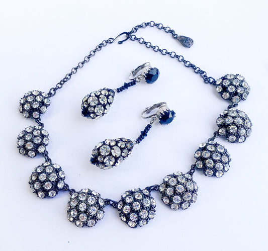 1950s Rhinestone Evening Necklace & Earrings Set | 50s Rhinestone Circles Necklace Drop Earrings | YOCHI N.Y.