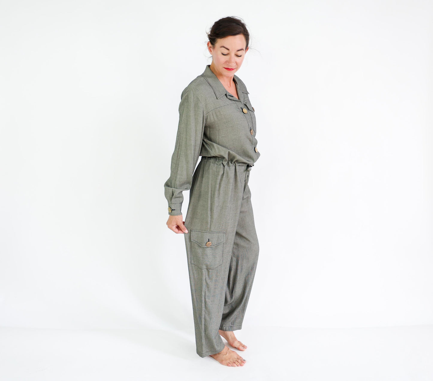 1980s Gray Woven Rayon Jumpsuit, 44