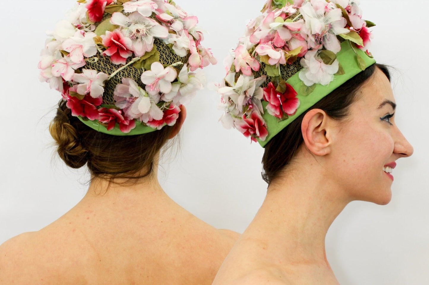 1960s Pink & Green Silk Flower Hat