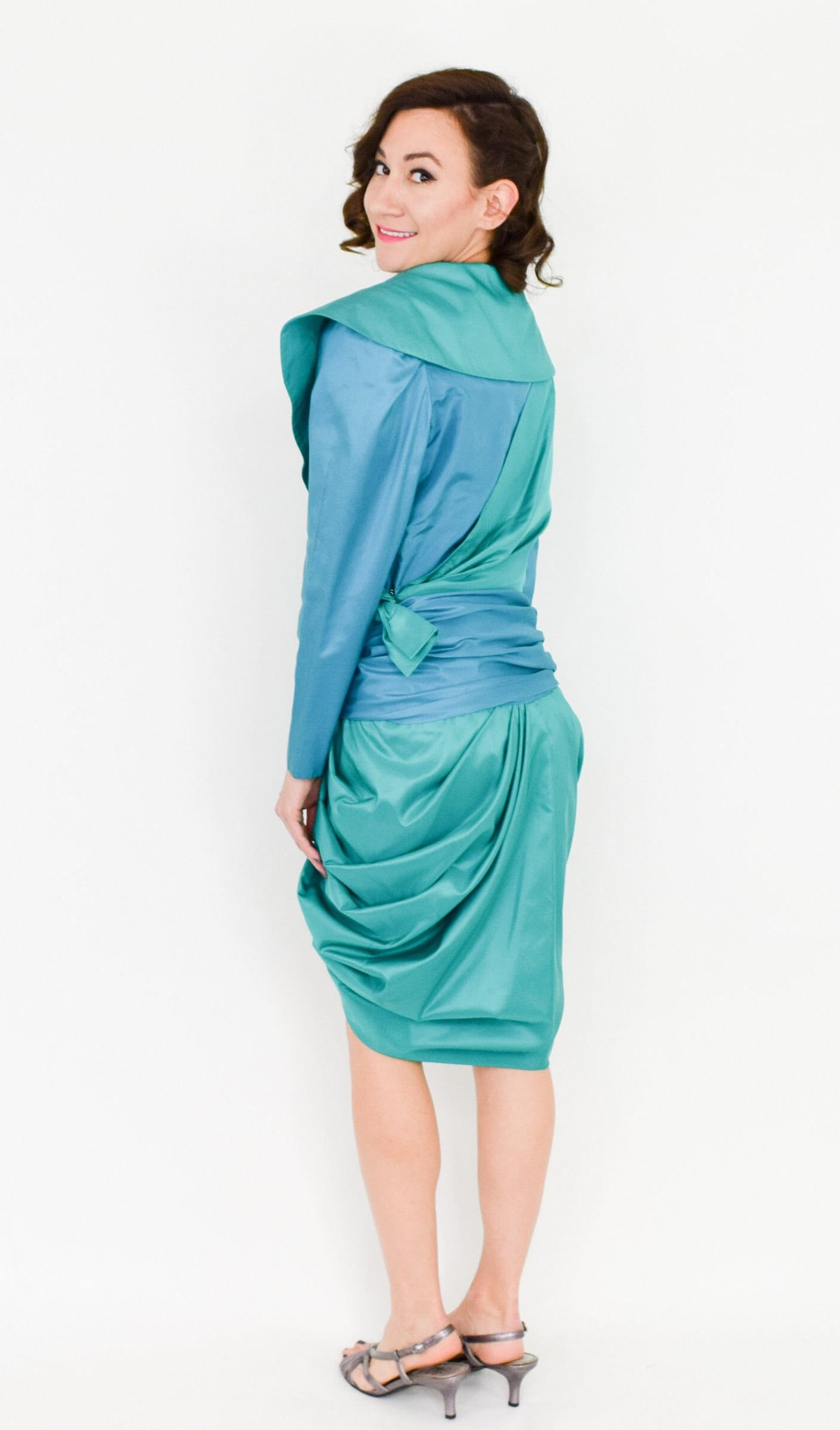 1990s Blue Silk Cocktail Dress | 90s Turquoise Blue Silk Taffeta Wrap Dress | Vera Casalino Paris | Medium