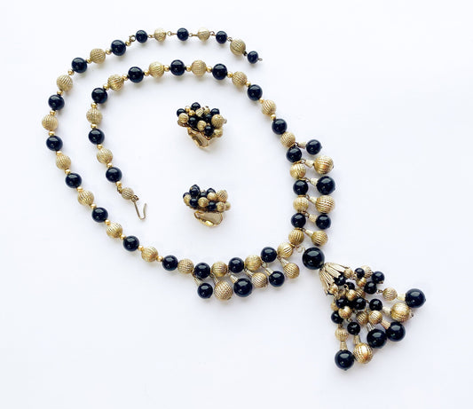1960s Black & Gold Ball Necklace and Earrings Set