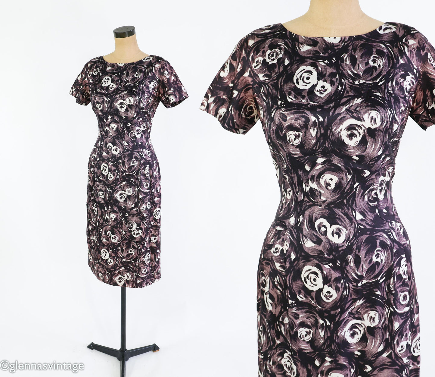1950s Black & Gray Rose Print Dress, Small