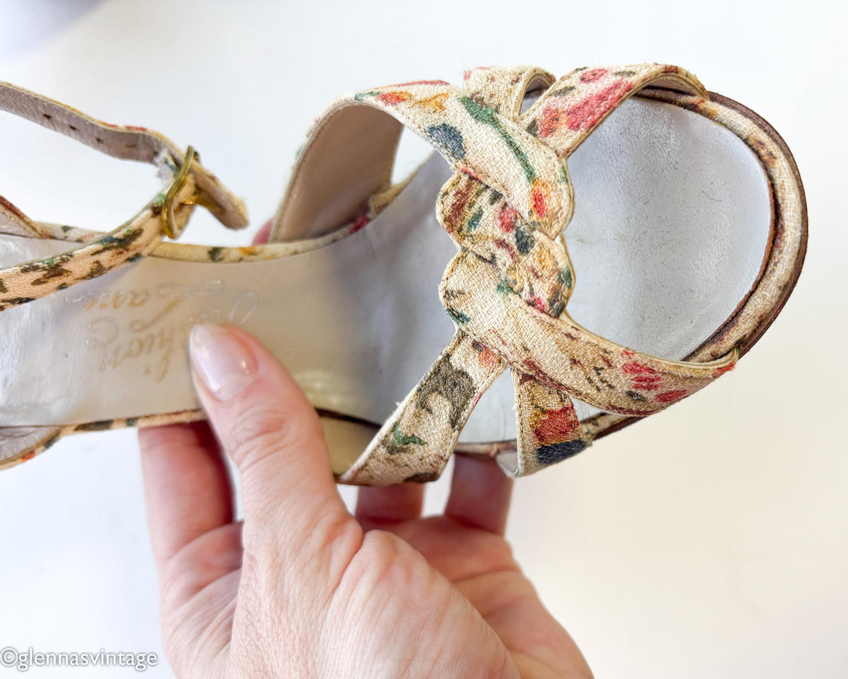 1950s Colorful Floral Design Heels | Beige Print Ankle Strap Heels