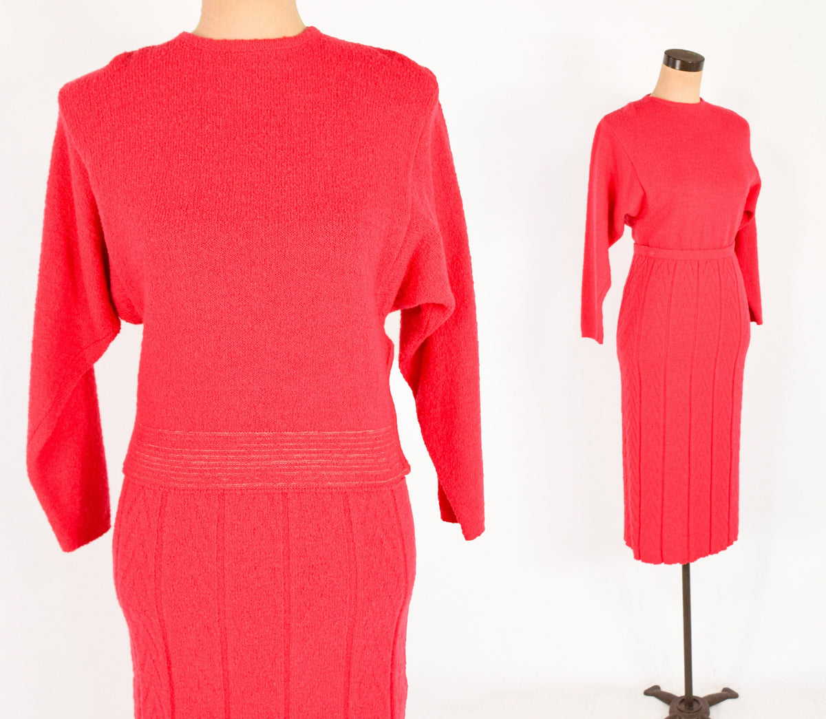 1940s Red Wool Sweater Set | 40s Woven Knit Sweater & Skirt  | KIMS | Medium