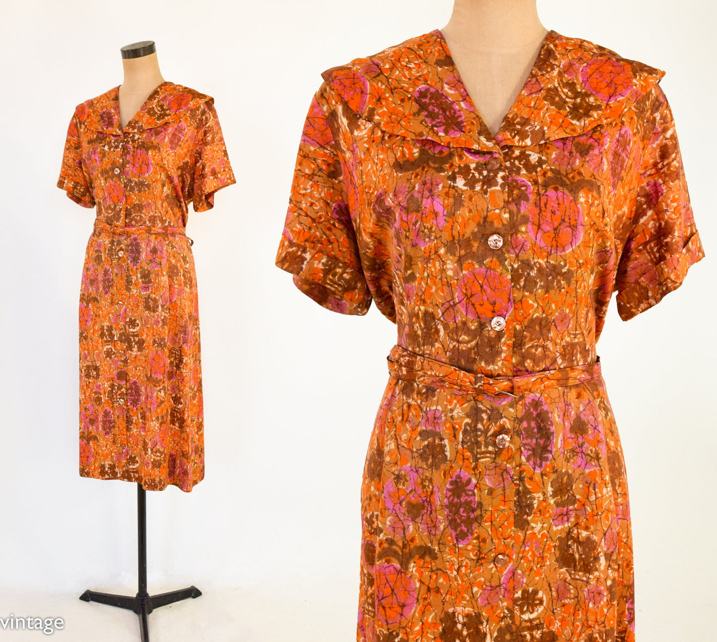 1950s Orange Floral Print Day Dress, Extra Large
