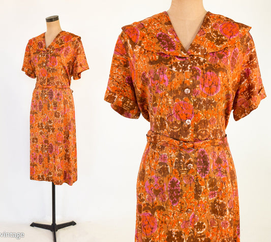 1950s Orange Floral Print Day Dress, Extra Large