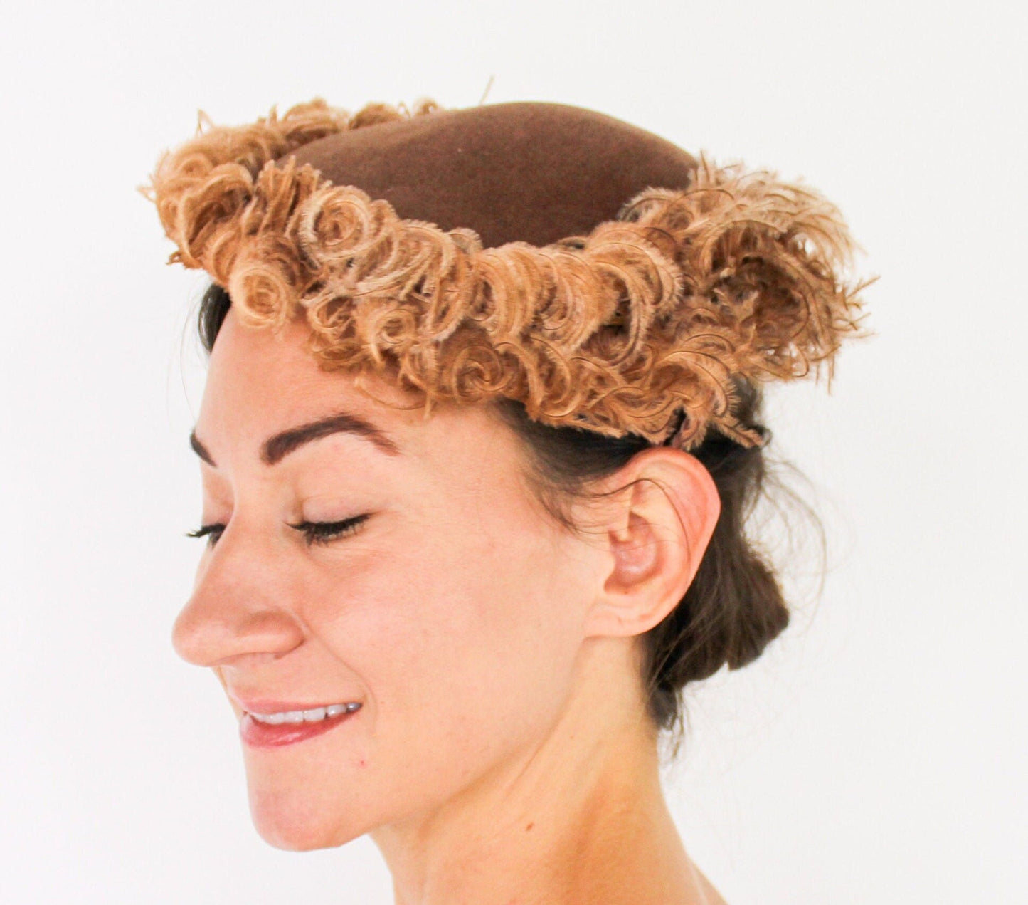 1950s Brown Wool Velour Saucer Hat | Vintage Feather Trim