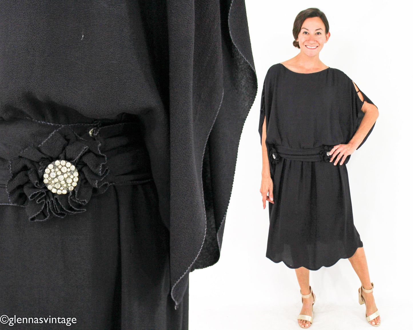 1920s Black Silk Crepe Flapper Dress with Rhinestone Detail, Large