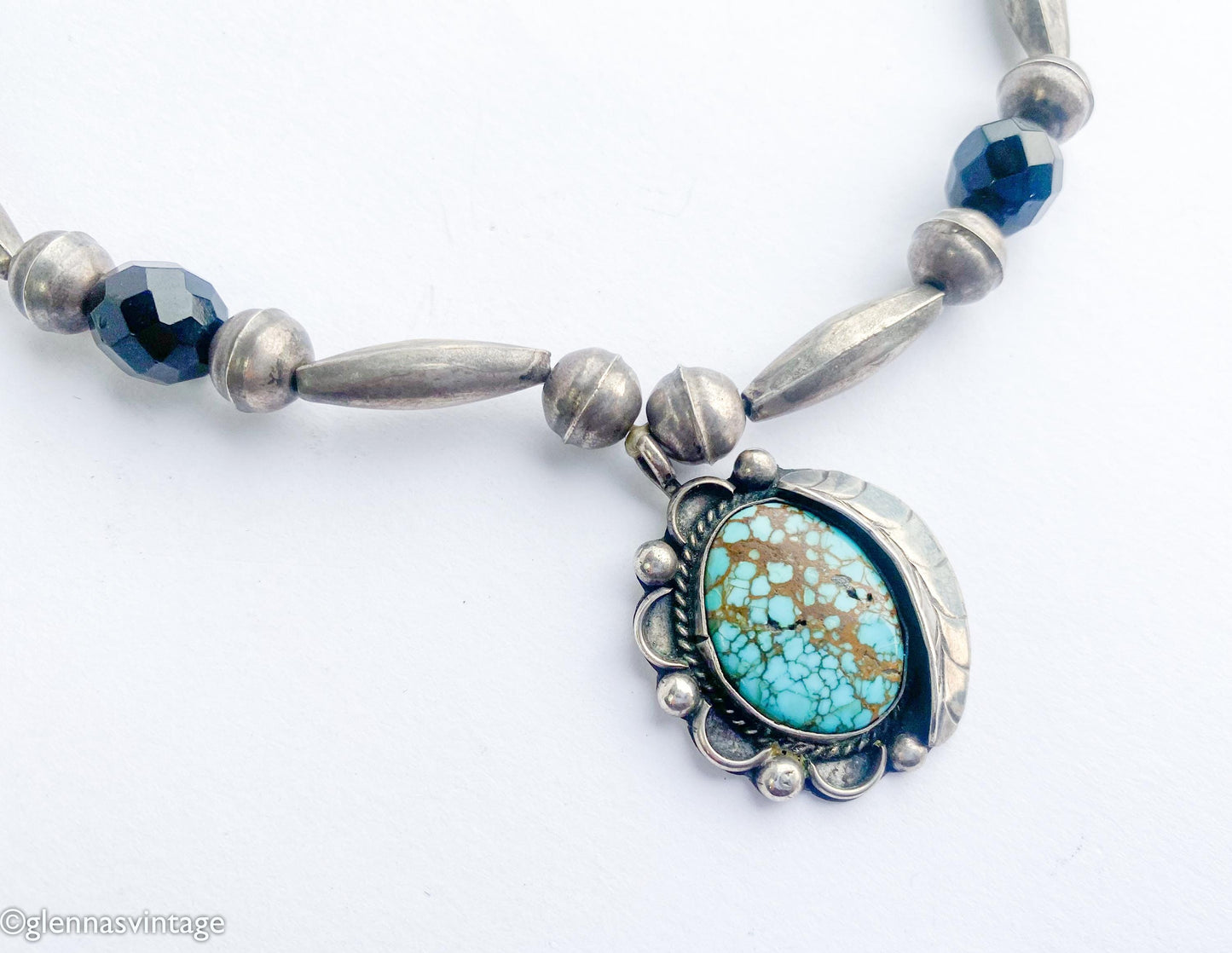 1940s Turquoise Pendant Necklace | Vintage Sterling Silver, Black Glass Beads
