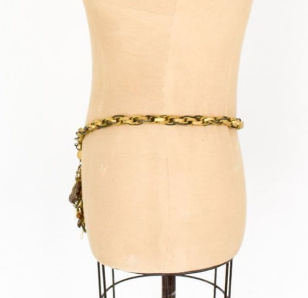 1970s Bronze Chain Belt, Glass & Stone Brass Belt