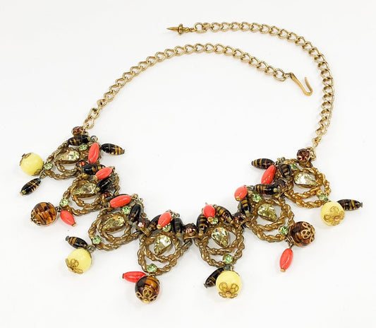 1940s Gold Rhinestone & Art Glass Necklace | 40s Gold Statement Necklace | Orange Yellow Glass Choker