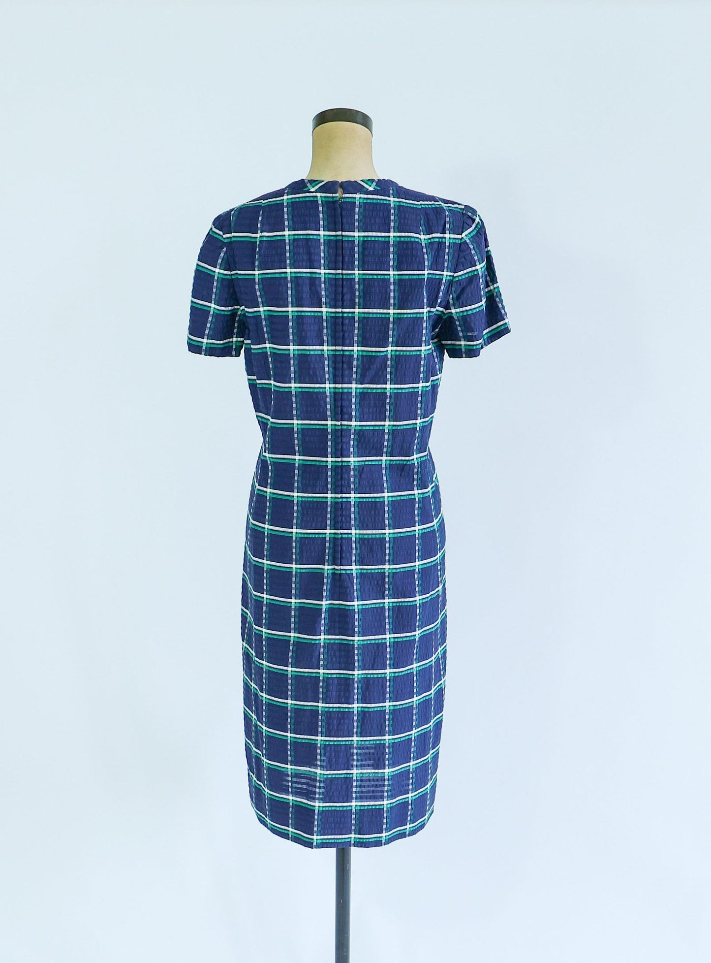 1960s Blue Plaid Dress & Jacket | Navy Seersucker Set, Large